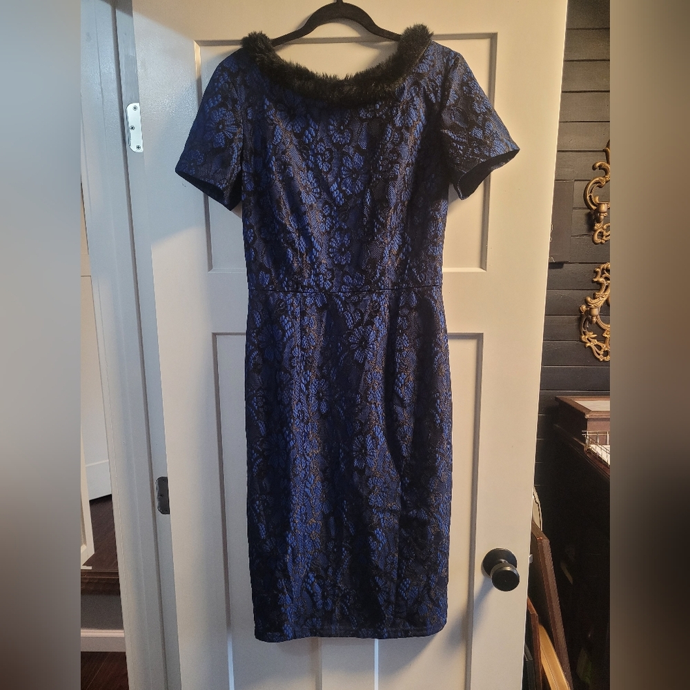 Tatyana Lace and Faux Fur Wiggle Dress Size L Pinup Girl Retro Style